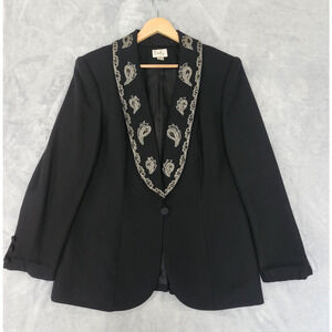 Emily Vintage Wool Dress Jacket Womens Size 14 Black Silver Paisley Beaded 100%